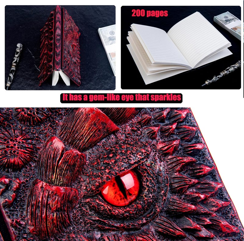 LZlightactor 3D Dragon Eye Embossed Journal,Resin Engraving Notebook,Dnd notebook for Dragon Lovers ，Blank Paper,Hardcover Travel Notepad for Writing,Sketchbook,Collection,Gift,Decoration A4 and A5 Size (A5-Red-Lined-Brooch) - Image 3